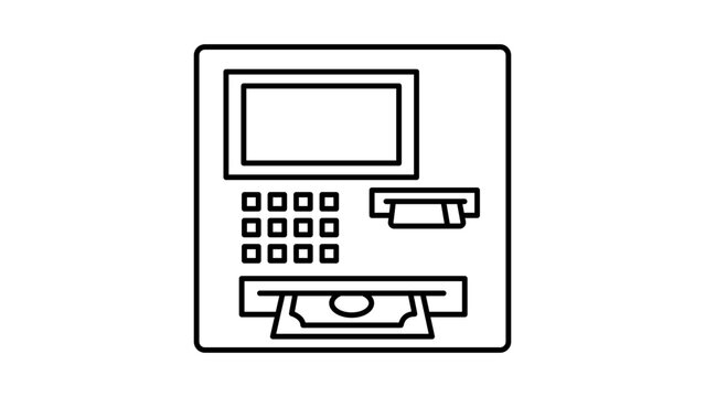 Minimalist black line vector icon of an automated teller machine (ATM) on a white background, featuring a screen, keypad, credit card slot, and cash dispenser with a banknote illustration.