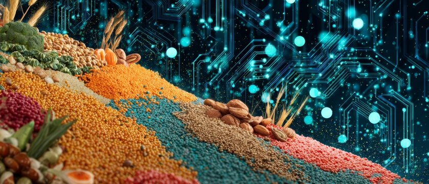 Mapping the earth with harvest: a portrait of food security and agriculture. Ai concept. The earth portrayed in grains on world food day: a sustainable farming tribute. Cognitive computing.