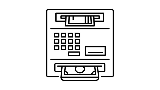 Minimalist black line vector icon illustration of an automated teller machine (ATM) on a white background, featuring a keypad, card slot, and cash dispenser with a banknote, scalable graphic.