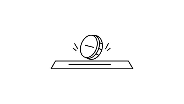 Minimalist black line vector icon illustration of a coin being inserted into a slot, representing savings, payment, or donation. Hand-drawn outline on white background for finance and business.