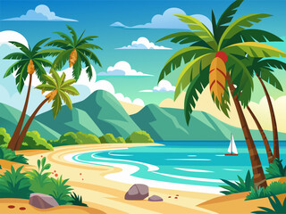 Obraz premium Palm trees framing calm bay on tropical sandy beach