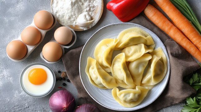 Gyoza ravioli are arranged on a ceramic plate. They are filled with eggplant, carrots, and onion. Mung bean pancakes sit in the background
