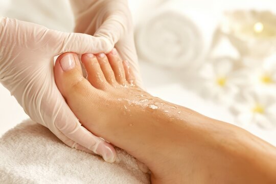 Close-up of a professional foot massage with soothing gel and white towels, promoting relaxation and well-being.