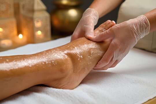 Close-up of a spa professional giving a relaxing foot massage with oil and scrub on a white towel.