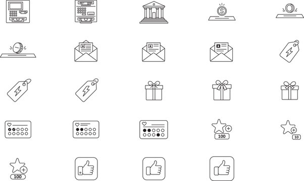Minimalist Black Line Vector Icon Set of 24 Hand-Traced Icons for Business and Finance, Including Bank, ATM, Gift Box, Loyalty Card, Newsletter, Flash Sale Tag, Thumbs Up, and Reward Points.