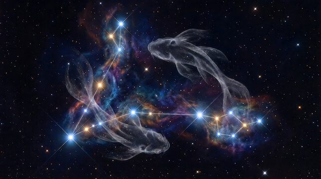 Pisces Zodiac Constellation with Two Celestial Fish in Deep Space