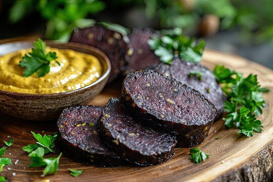 A close-up of black pudding slices on a rustic wooden board, garnished with fresh herbs and mustard dip 