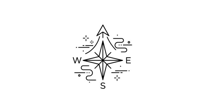 An illustration of a navigation compass with directional lines and symbols on a plain surface in a graphic design style now whisks generated for travel reference.