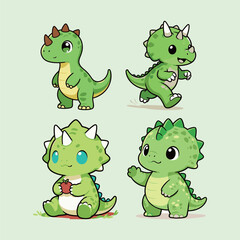 Set of cute baby dinosaur characters including triceratops and stegosaurus, kawaii prehistoric animal mascot for kids toys and educational materials © 星星 段