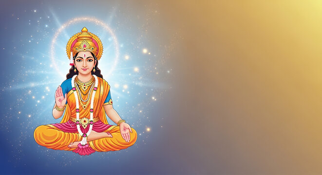 Aja Ekadashi, calm gradient blue to gold, glowing aura and sacred particles on left background