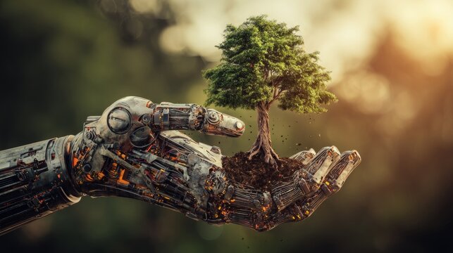 Clutching nature's beauty: a tree's journey begins. Ai persona. In caring hands, greenery flourishes under bright sunbeams. Ai evolution. Posthuman existence.