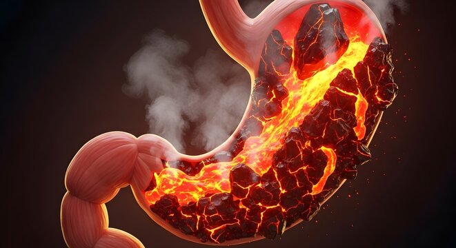 Elevating medical icons into cinematic art. The contrast between healthy tissue and molten lava perfectly visualizes "heartburn" or "acidity" for premium health editorial content.
