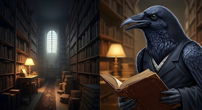 A tech-esoteric hybrid. The glowing emerald heart acts as an internal light source, illuminating the bird's feathers and the surrounding library books through the refractive glass.
