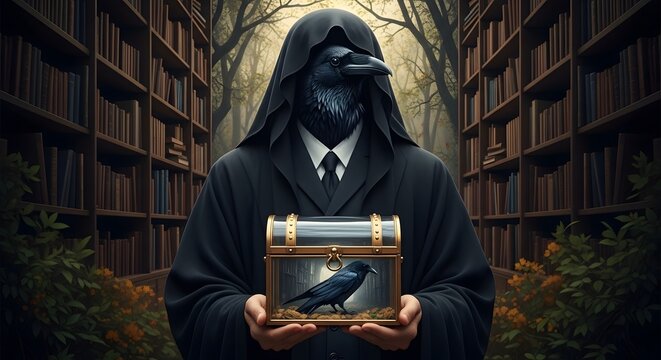 A tech-esoteric hybrid. The glowing emerald heart acts as an internal light source, illuminating the bird's feathers and the surrounding library books through the refractive glass.
