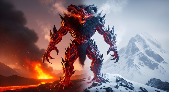 A high-tension elemental piece. The red obsidian body acts as an internal light source, reflecting both the orange fire and the blue ice mountain through its translucent surface.
