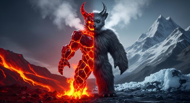 A high-tension elemental piece. The red obsidian body acts as an internal light source, reflecting both the orange fire and the blue ice mountain through its translucent surface.
