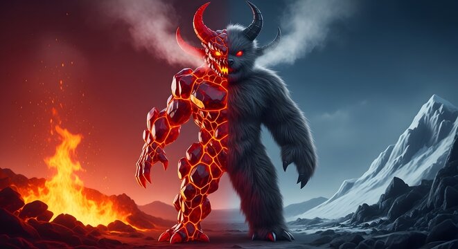 A high-tension elemental piece. The red obsidian body acts as an internal light source, reflecting both the orange fire and the blue ice mountain through its translucent surface.
