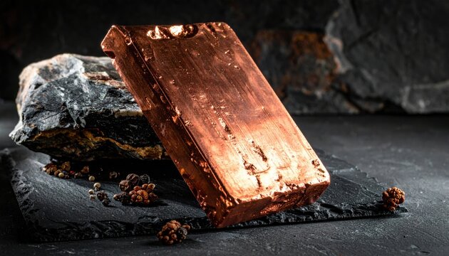 A gleaming copper ingot with rough-cut edges rests on a dark slate slab, showcasing industrial raw material and precious metal value.