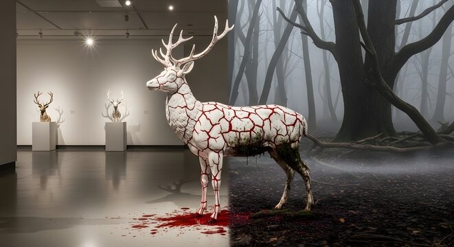 A living-statue horror study. The realism of the red enamel flowing from the cold, cracked porcelain provides a high-contrast aesthetic that is both beautiful and haunting.
