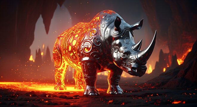 A sleek-elemental concept. The chrome reflection of the lava provides a realistic "orange" tint to the metal, bridging the futuristic rhino to its volcanic environment perfectly.
