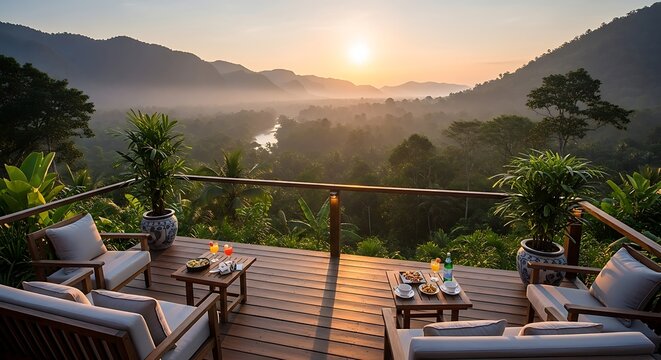 A serene wooden deck with comfortable outdoor seating overlooking a breathtaking sunrise or sunset over a lush green tropical valley with a winding river and distant mountains.