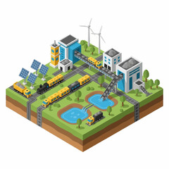 Fototapeta premium Sustainable city infrastructure with renewable energy and transportation systems.