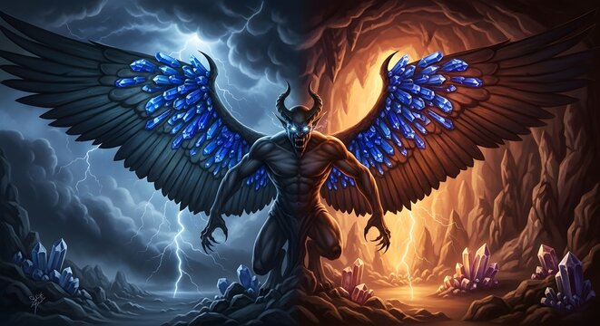 A mystical dark fantasy masterpiece. The blue light from the sapphires acts as a secondary light source, casting a magical blue glow onto the demon's body and the cave walls.
