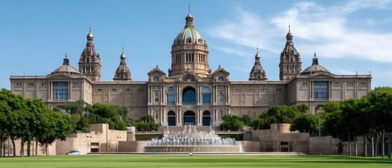 Obraz premium People walk around a large building and a fountain near a green lawn under a blue sky on a sunny day with no clouds