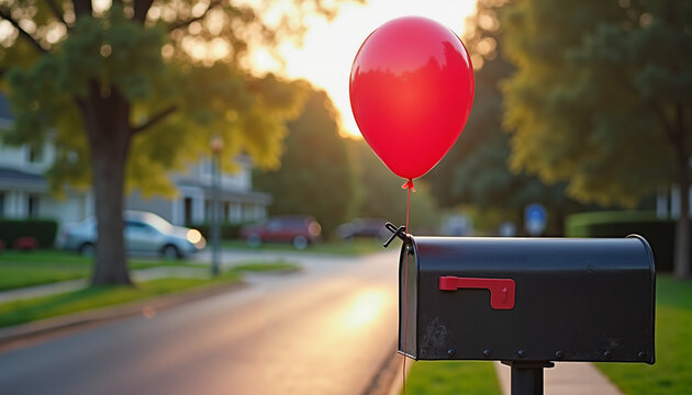 Red balloon attached to mailbox at sunset in suburban neighborhood