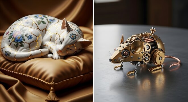 A sophisticated take on the "Cat and Mouse" theme. This prompt focuses on the material tension between delicate porcelain and complex brass machinery, ensuring a high-value, art-gallery aesthetic.
