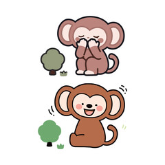 Fototapeta premium Cute Monkey Character Expressing Different Emotions with Tree and Grass Flat Vector Illustration for Kids Education