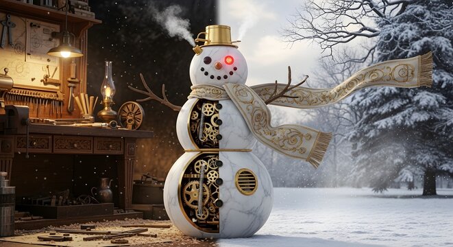 3D render of a futuristic steampunk snowman with glowing red eyes, gears, clockwork mechanism, top hat, and scarf in a winter snow landscape. Cyberpunk Christmas concept