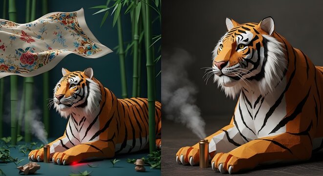 3D render of a wild animal adorned with intricate Indonesian batik art and glowing cybernetic neon lines. Fusion of traditional cultural heritage and futuristic technology.