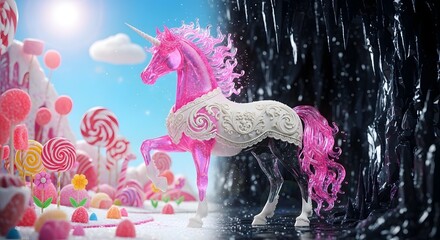 3D render of a majestic pink crystal unicorn with silver ornate patterns standing under magical glowing rain. Fantasy creature, dream, and fairy tale concept © Jeffry
