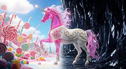 3D render of a majestic pink crystal unicorn with silver ornate patterns standing under magical glowing rain. Fantasy creature, dream, and fairy tale concept © Jeffry