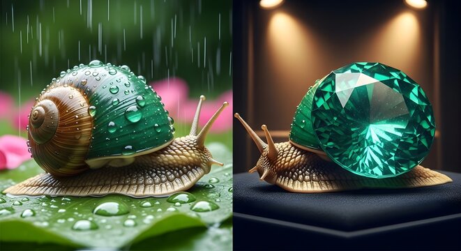 Macro 3D render of a snail with a glowing green emerald crystal shell crawling in rain with water droplets. Nature, precious gemstone, and macro beauty concept