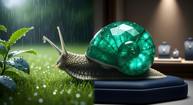 Macro 3D render of a snail with a glowing green emerald crystal shell crawling in rain with water droplets. Nature, precious gemstone, and macro beauty concept