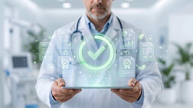 Healthcare Sustainability Concept with Doctor and Eco-Friendly Hologram