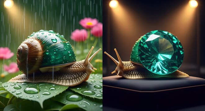 Macro 3D render of a snail with a glowing green emerald crystal shell crawling in rain with water droplets. Nature, precious gemstone, and macro beauty concept