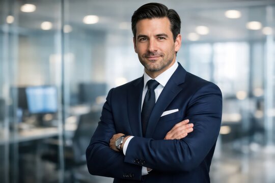 Confident businessman in a modern office, professional corporate leader, successful male executive in a navy blue suit, sophisticated business professional portrait