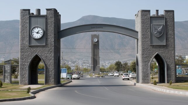 Main gate of an industrial area stands with a clock tower under a blue sky during sunset. The architecture shows arches and towers
