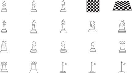 Minimalist Black Line Vector Icon Set of 20 Hand-Drawn Chess Pieces and Strategy Symbols, Featuring King, Bishop, Knight, Rook, Pawn, Chessboard, and Goal Flags for Business, Gaming, and Success. © Faria