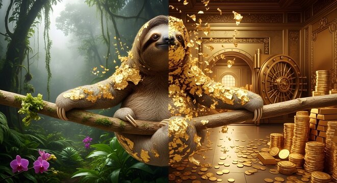 3D split render of a sloth on a branch, half in a misty green jungle and half covered in gold flakes in a golden bank vault. Concept of wealth, nature contrast, and financial growth.