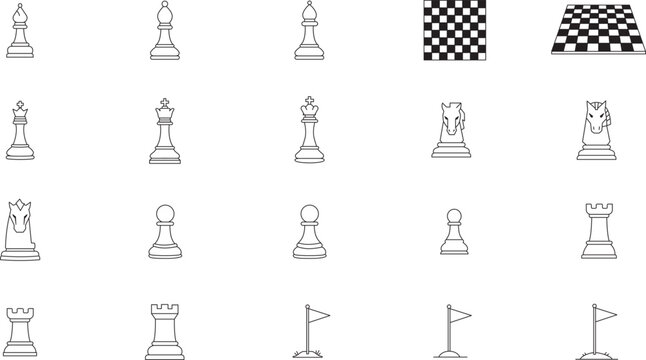 Minimalist Black Line Vector Icon Set of 20 Hand-Drawn Chess Pieces and Strategy Symbols, Featuring King, Bishop, Knight, Rook, Pawn, Chessboard, and Goal Flags for Business, Gaming, and Success.