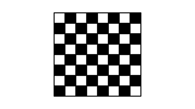 Minimalist black and white chessboard vector icon illustration on a white background, top-down view of a classic 8x8 checkered game board for strategy, competition, and leisure activities.