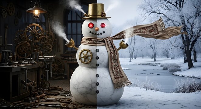 3D render of a futuristic steampunk snowman with glowing red eyes, gears, clockwork mechanism, top hat, and scarf in a winter snow landscape. Cyberpunk Christmas concept