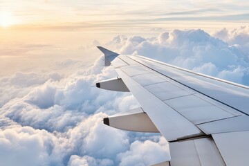 Fototapeta premium View from airplane window of wing soaring above fluffy white clouds at sunrise with golden light.
