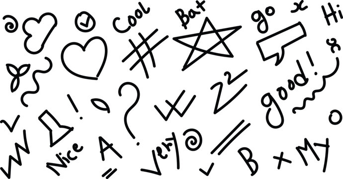 Hand drawn doodles and scribbles icons, symbols, shapes, and words on white background