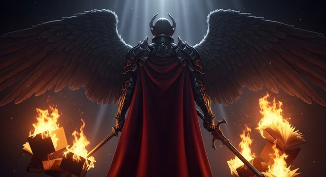 3D back-view render of a dark angel warrior with huge feathers wings, red cape, and sword under dramatic spotlight and fire. Epic hero concept.
