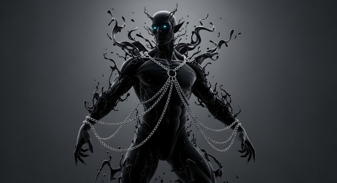 3D render of a dark shadow demon silhouette with glowing blue eyes, horns, and floating black liquid aura. Dark fantasy monster concept art.